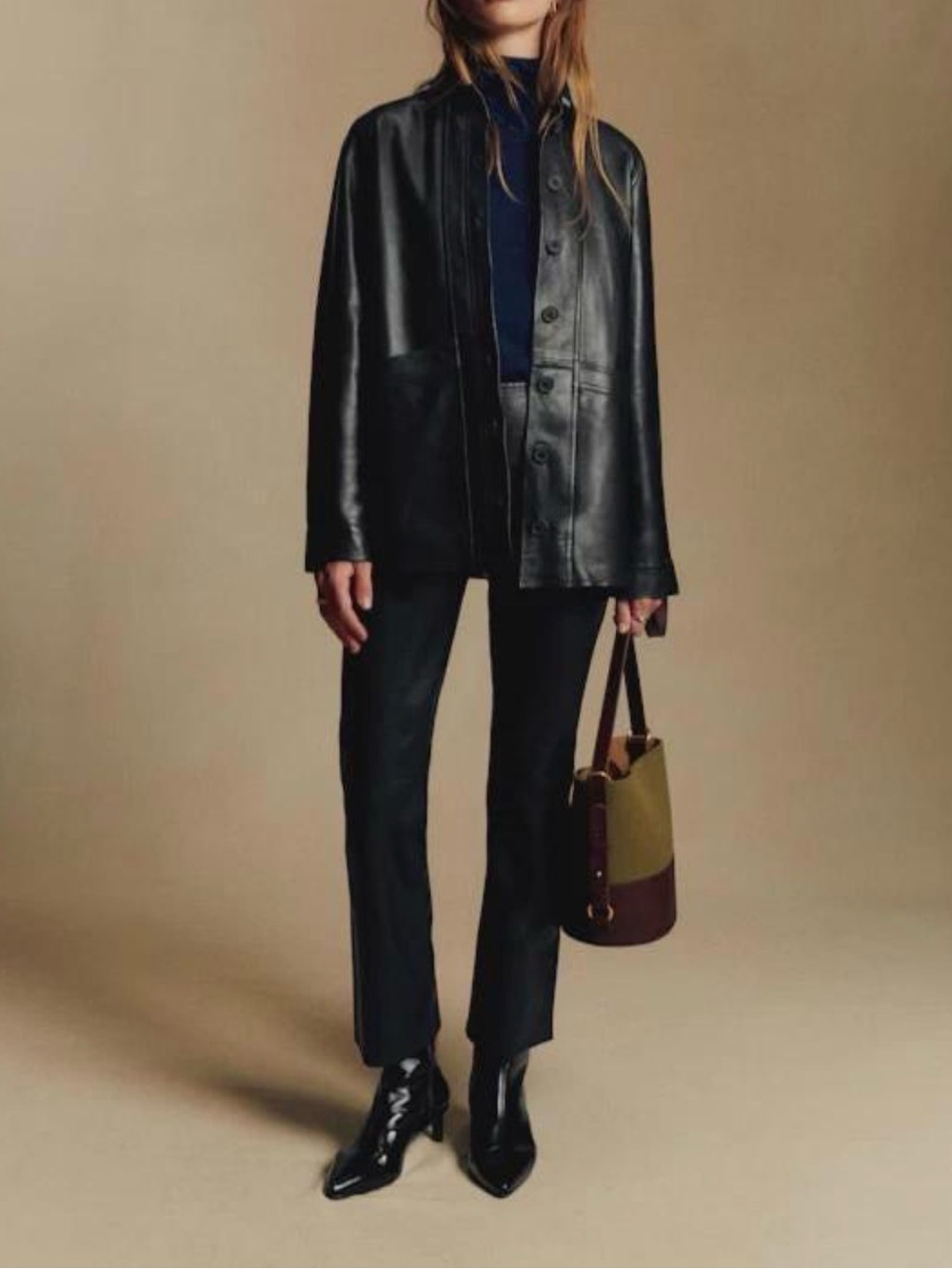 Classic Black Leather Button-Front Jacket